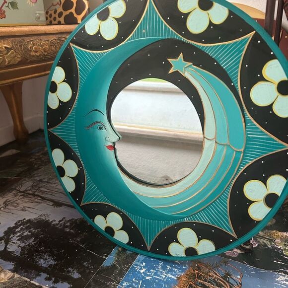 Vintage Sun & Moon Celestial Teal and Black Moon Mirror Wall Decor 15.5" - Picture 7 of 16